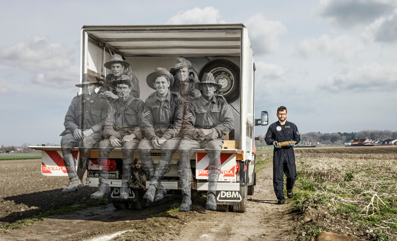 A montage image of WWI soldiers in a modern landscape