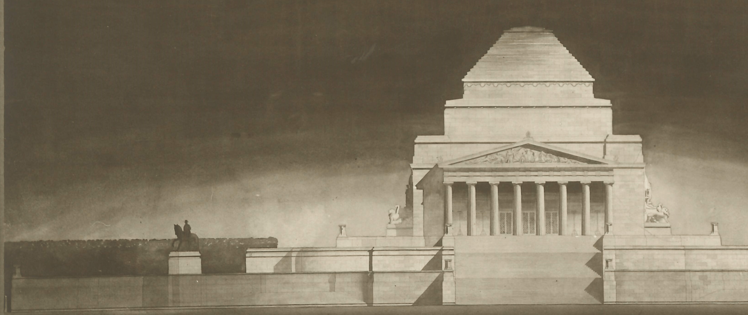 A sepia toned image of the original Shrine of Remembrance design