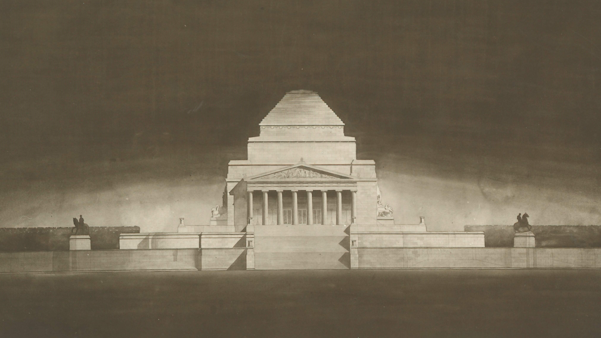 A sepia toned image of the original Shrine of Remembrance design