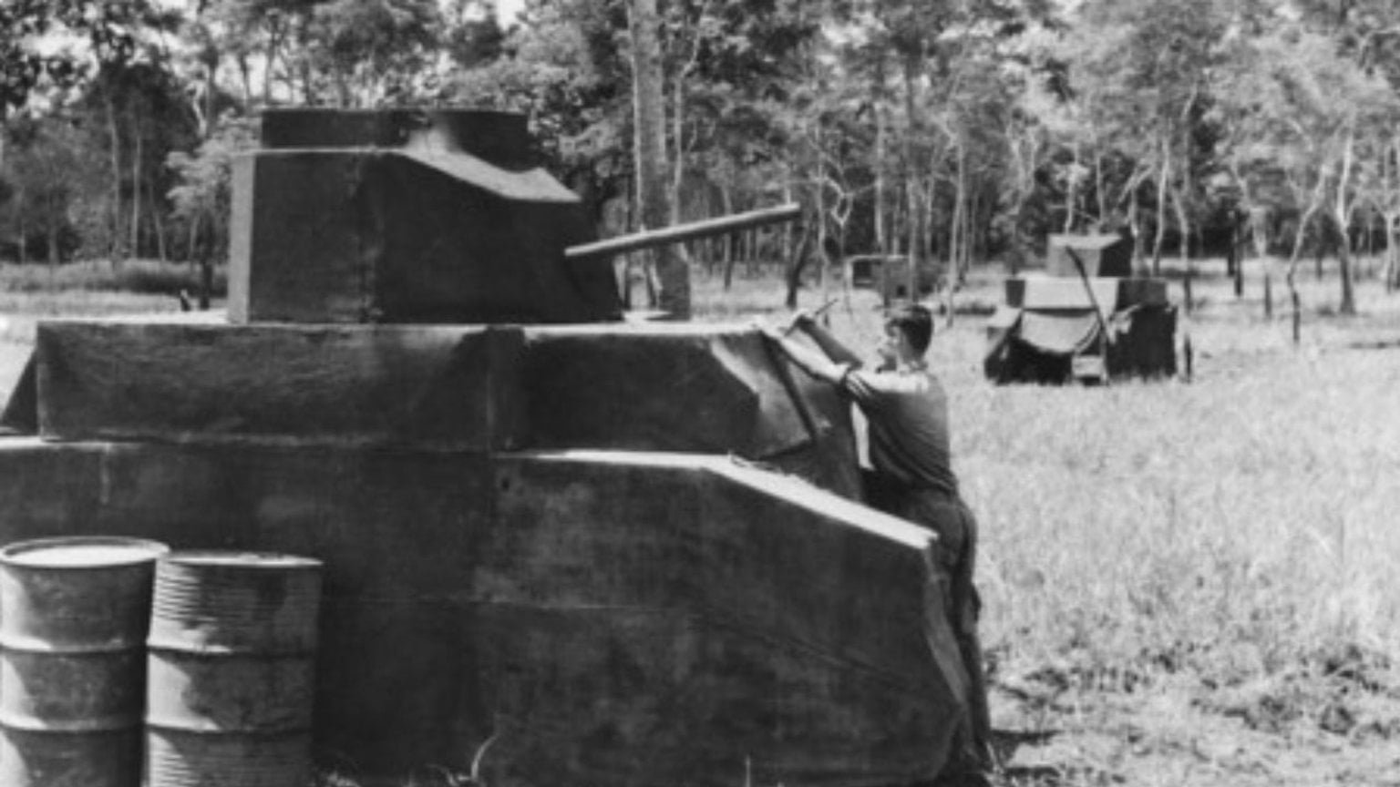 Goodenough Island 1943, Tanks made of hessian on wooden frames, 1943. Reproduced courtesy of the Australian War Memorial (090203). Tanks made of hessian on wooden frames used to hoax Japanese forces