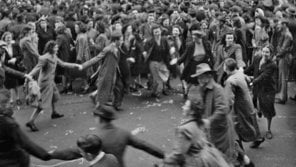 VP Day 1945 celebrations, Bourke Street, Melbourne. Reproduced courtesy of the Australian War Memorial, 113022 Members of the crowd dancing in Bourke Street during VP Day 1945 celebrations in Melbourne