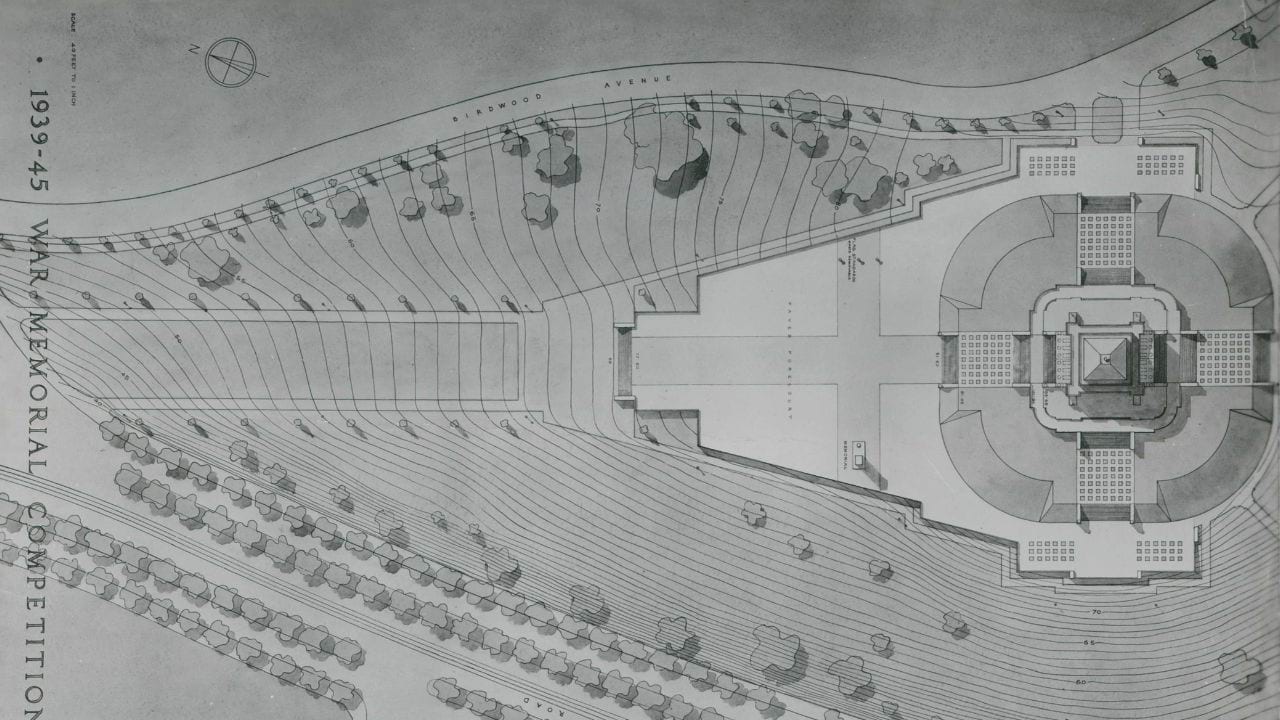 Birds eye view plan of Ernest Milston's entry for the architectural competition of 1949 for the Shrine of Remembrance’s Second World War Memorial. 