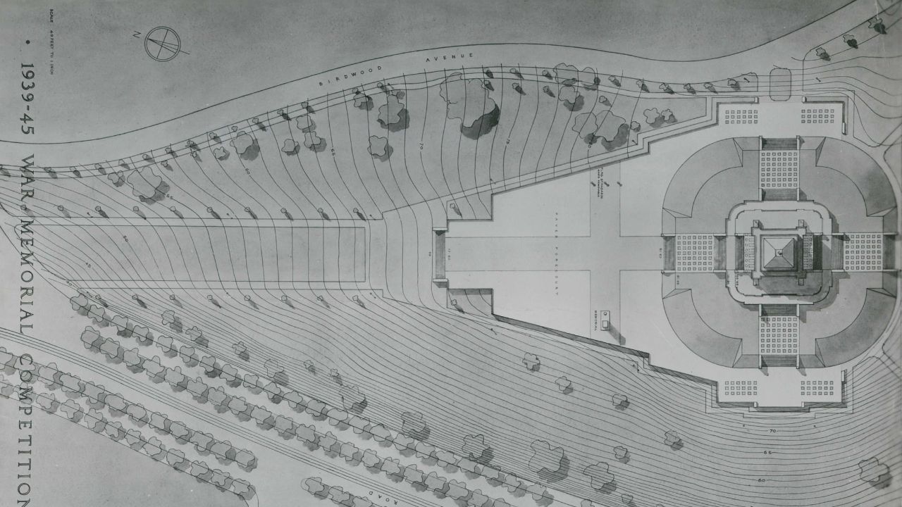 Birds eye view plan of Ernest Milston's entry for the architectural competition of 1949 for the Shrine of Remembrance’s Second World War Memorial. 