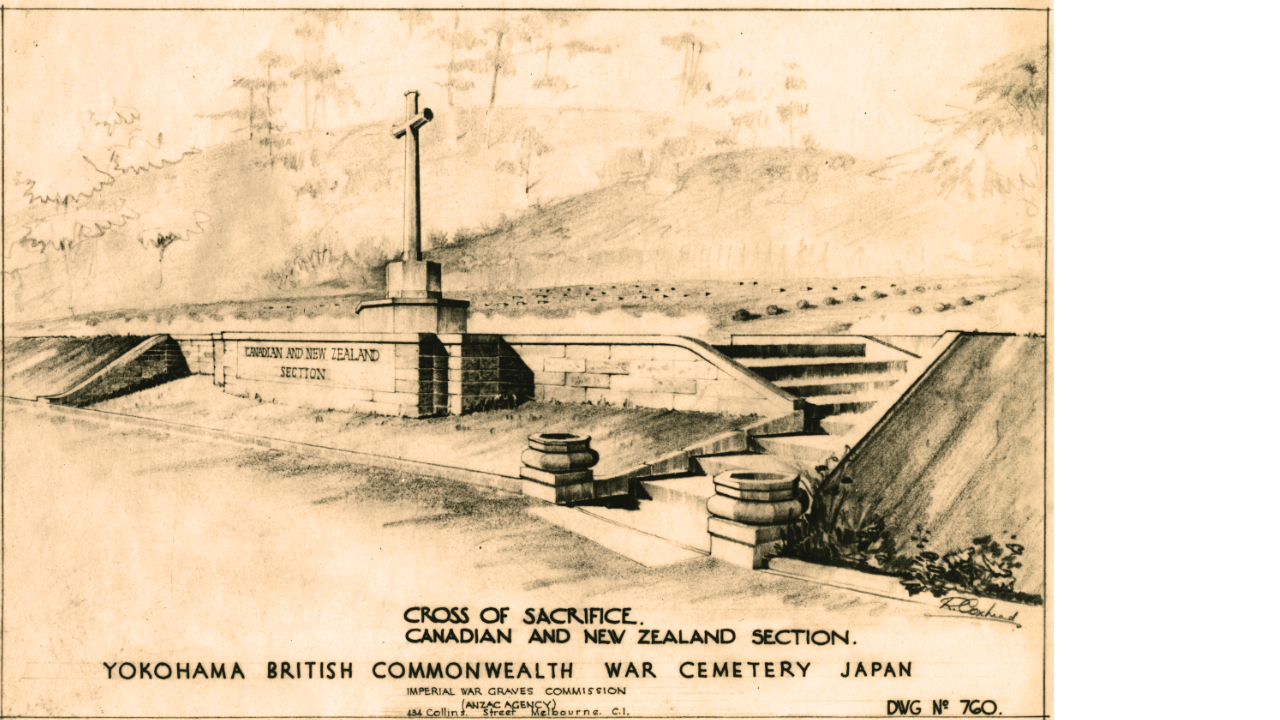 Hand-drawn sepia illustration of the Cross of Sacrifice at Yokohama War Cemetery, featured in the Eucalypts of Hodogaya exhibition at the Shrine of Remembrance.