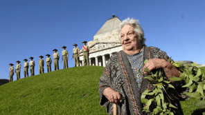 Aunty Dot Peters at the first VARS at the Shrine of Remembrance in 2006. Aunty Dot Peters holding a wreath in from the of the Shrine of Remembrance at the first VARS at the Shrine in 2006.