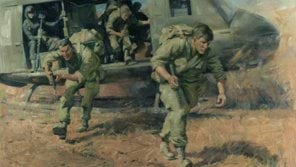 A painting depicting several Australian soldiers leaving an Iroquois UH-1H helicopter flown by members of 9 Squadron RAAF in Vietnam.The painting is by Ken McFadyen, who served as an official war artist in Vietnam from July 1967 to May 1968. Reproduced courtesy of the Australian War Memorial (ART40741). Painting by Ken McFadyen showing Australian soldiers disembarking from a UH-1H Iroquois helicopter flown by 9 Squadron RAAF in Vietnam